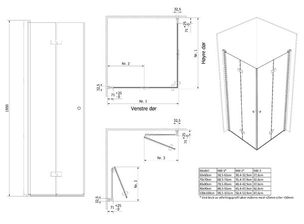 Dusjhjørne leddet LIAM 90x90 90x90x195cm sort matt/klar