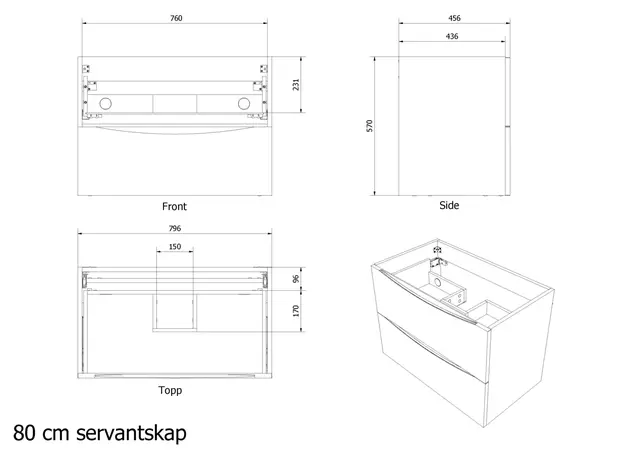 Servantskap ELI 80 med BEA servant 80x46x57cm hvit pvc hvit porselen 