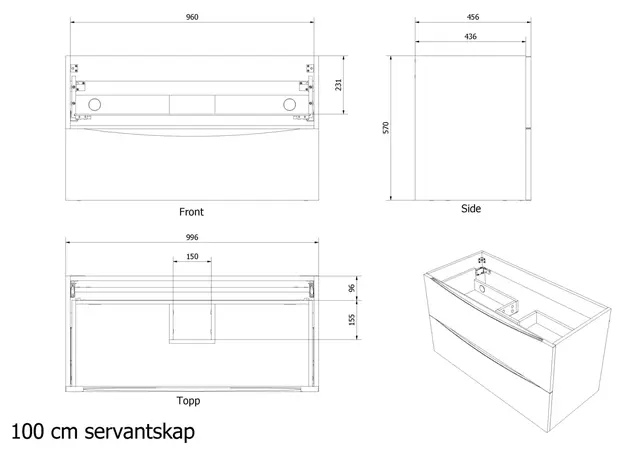 Servantskap ELI 100 med BEA servant 100x46x57cm hvit pvc hvit porselen 