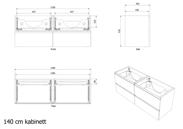 Servantskap stav MIE 140dbl 140x46x57cm eik finer 