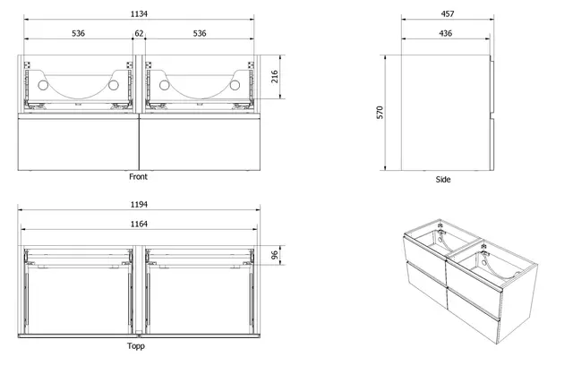 Servantskap stav MIE 120dbl 4S 120x46x57cm eik finer 