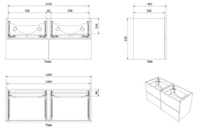 Servantskap stav MIE 120dbl 4S 120x46x57cm valnøtt finer 