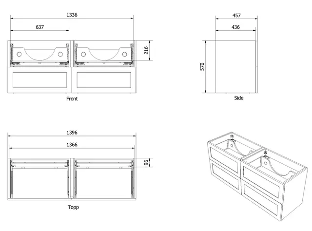 Servantskap stav MIE 140dbl 140x46x57cm sort eik finer 