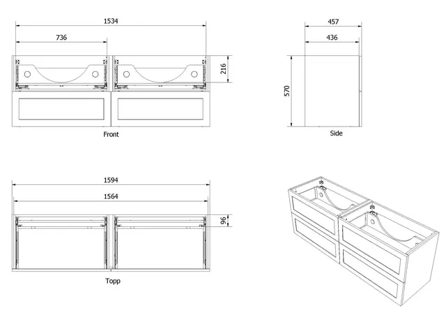 Servantskap bølge MIE 160dbl 160x46x57cm eik finer 