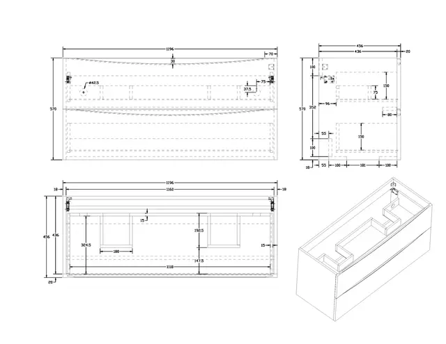 Servantskap ELI 120dbl med BEA servant 120x46x57cm hvit pvc hvit porselen 