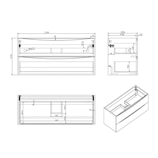 Servantskap ELI 120 120x46x57cm hvit pvc 