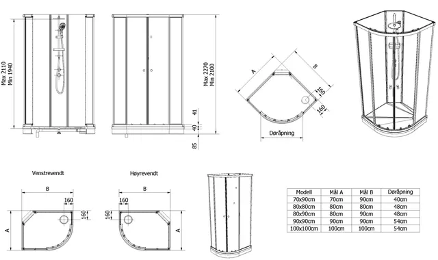 Dusjkabinett SOFIA pluss 80x90 V 80x90x210cm venstre hvit/hvit 