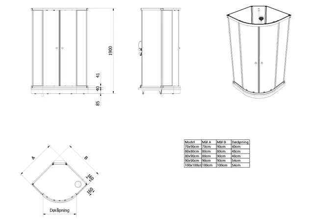 Dusjkabinett SOFIA standard 90x90 lav 90x90x190cm hvit/hvit 