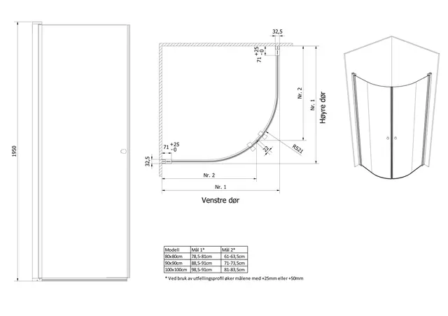 Dusjdør buet LIAM 100 V 100x195cm venstre sort matt/klar 