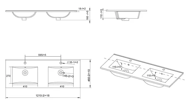 Servant ADA 120dbl thin 121x46x1,8cm porselen hvit 