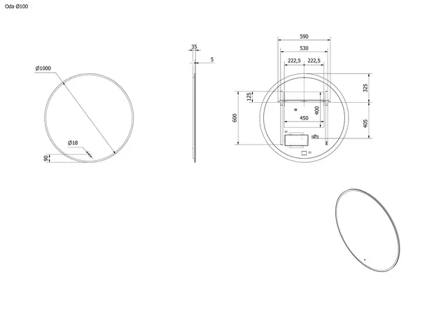 Speil ODA 100 Ø 100x3,5cm led-lys 