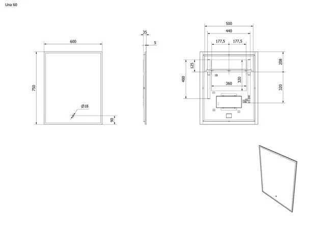 Speil UNA 60 60x75cm led-lys 