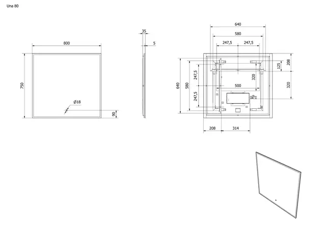 Speil UNA 80 80x75cm led-lys 